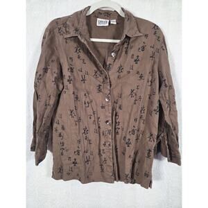 Vintage Chico's Design 100% Linen Button Down Blouse Size 0/US S All Over Print‎